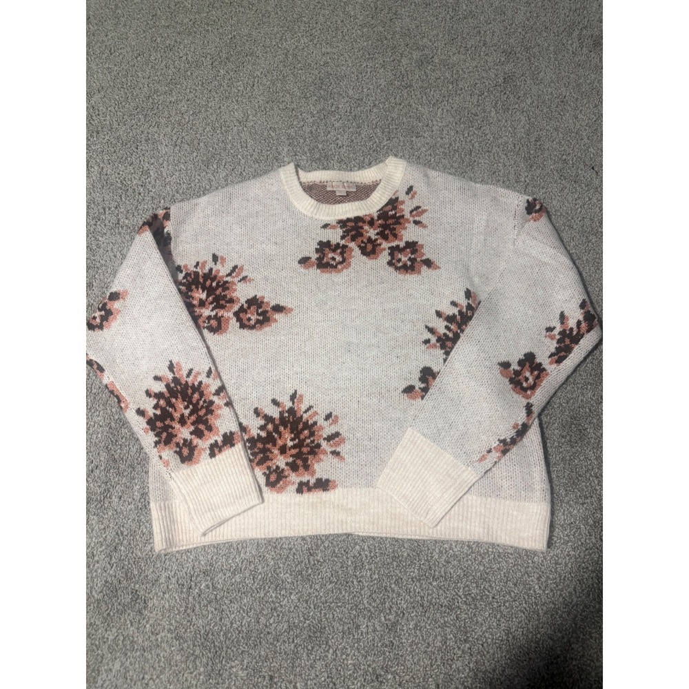 Knox Rose Women Cream Floral Intarsia Knit Crewneck Sweater Boho LongSleeve